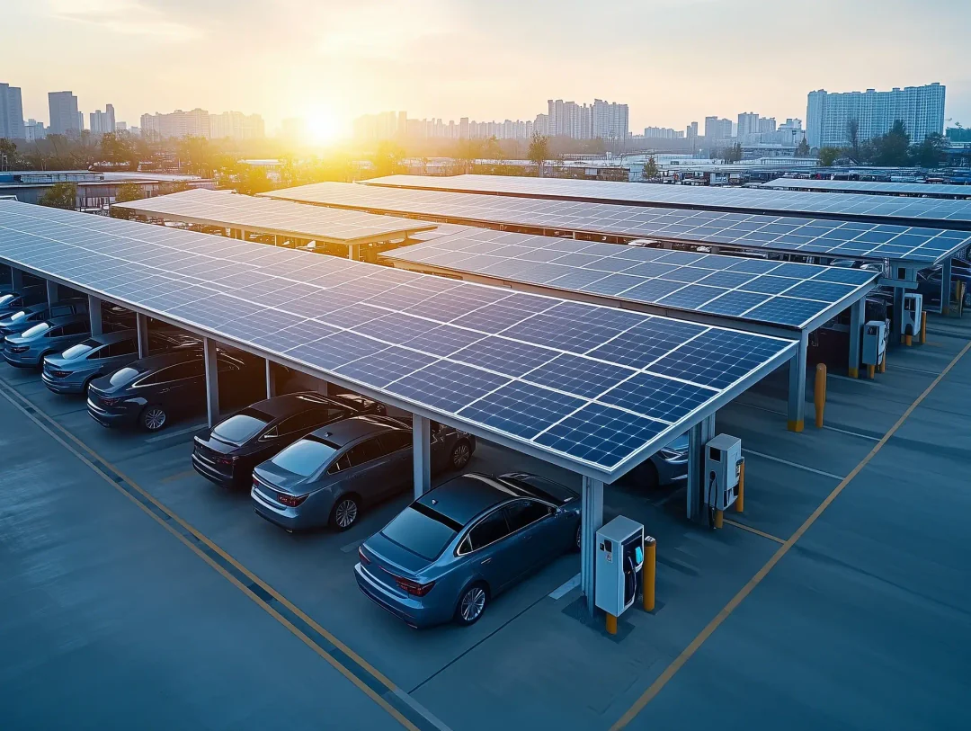 A lot of cars in a solar parking structure at sunset